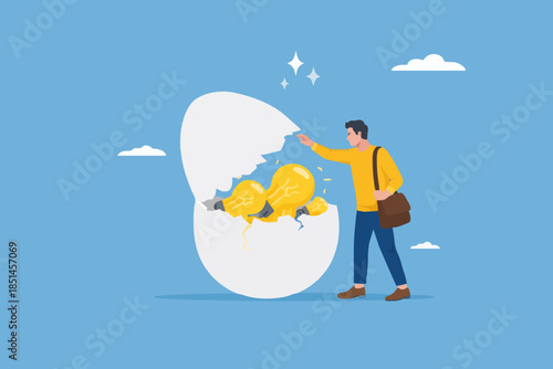 innovative investment idea, profitable investment solutions, businessman opens an egg investment containing many light bulb ideas