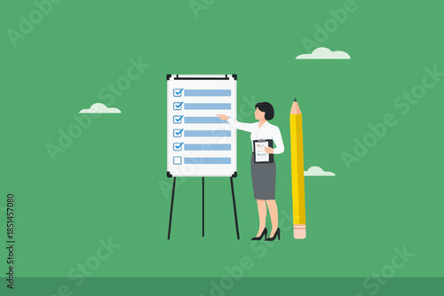 Illustration of an entrepreneur who has completed a business plan while checking off an activity agenda book, entrepreneur's responsibility, discipline work, strategy business, work plan illustration