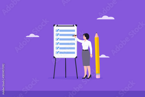 Illustration of an entrepreneur who has completed a business plan while checking off an activity agenda book, entrepreneur's responsibility, discipline work, strategy business, work plan illustration