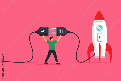 prepare start up business to achieve goal or target, Start up target of business development process, businessman connect plug with rocket to power socket to charge rocket for launching new product