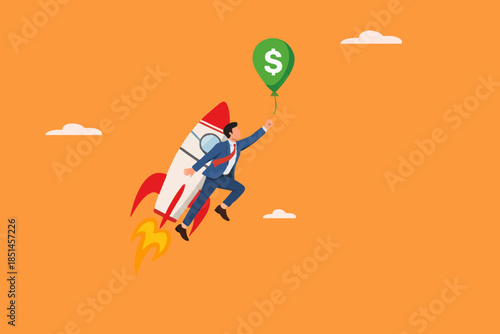achieve financial goal with startup business success, startup business management to reach financial freedom, businessman flying using startup business rocket to reach balloon with dollar money