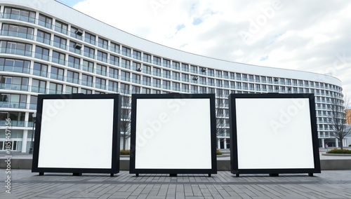 Three blank advertising billboards stand in front of a modern curved building