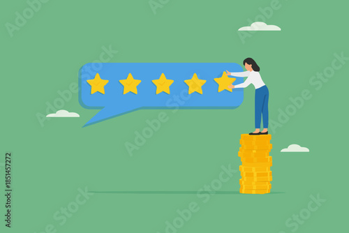 five star rating, businesswoman puts a star to give five star rating, business people placing 5 stars rating flat with flat style, client holding review stars concept