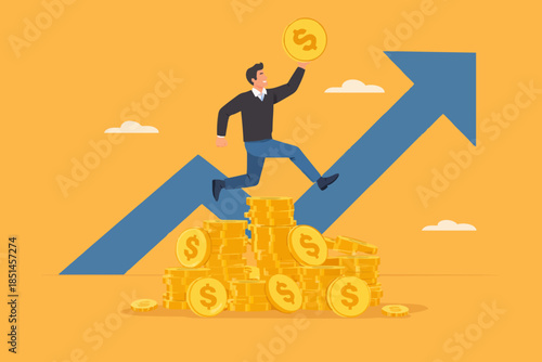 rich businessman jump high on money coin stack with business growth graph, stock market return, successful investment concept, money or financial success vector illustration with flat design style