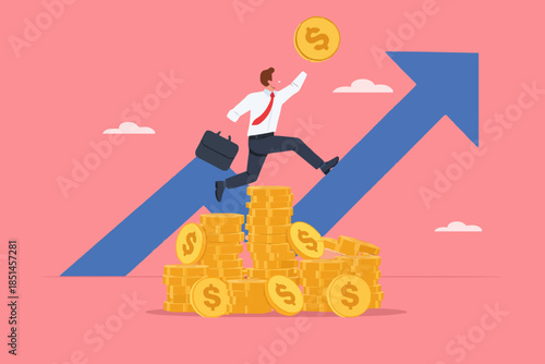 rich businessman jump high on money coin stack with business growth graph, stock market return, successful investment concept, money or financial success vector illustration with flat design style