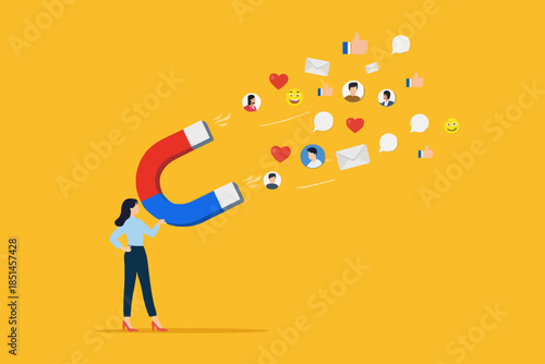 attraction marketing, strategy to result in making more sales, increasing interaction in digital marketing strategies, business woman carry large magnets to generate high content engagement