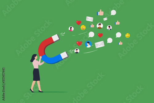 attraction marketing, strategy to result in making more sales, increasing interaction in digital marketing strategies, business woman carry large magnets to generate high content engagement