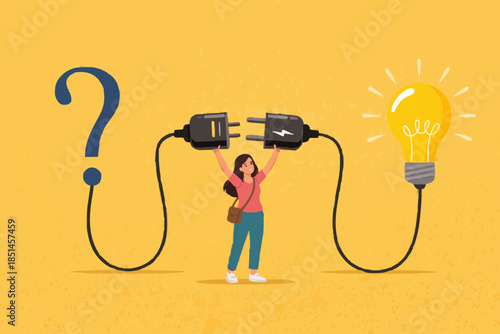 answer and solution, solving problems or solutions in business, businessman connect plug with light bulb idea to question mark symbol concept vector illustration with flat style design