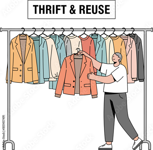 Man Shopping for Clothes at Thrift Store.