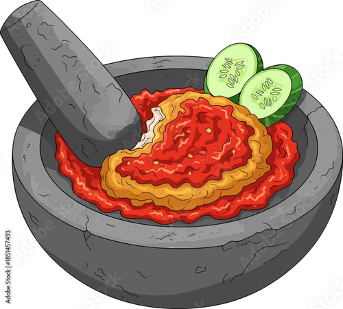 Mortar with Pestle and Sambal Ingredients.