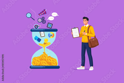skill to earn money, work experience or skill development, learning new skill, expertise success, businessman converts multiple skills into money using hourglass