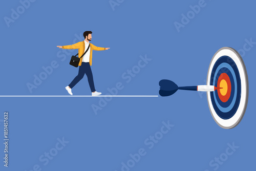 journey to achieve business targets, effort or persistence to overcome business obstacles, businessman passes a rope connected to a dart stuck in the middle of the dart board concept illustration