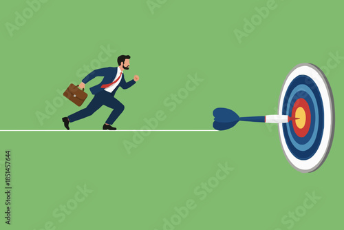 journey to achieve business targets, effort or persistence to overcome business obstacles, businessman passes a rope connected to a dart stuck in the middle of the dart board concept illustration