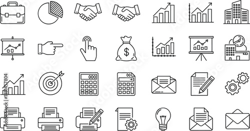 Business and finance line icon set illustration, corporate management analytics communication symbols collection, outline office strategy vector design