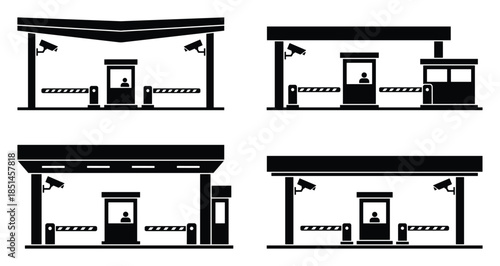 Security checkpoints with surveillance camera. Toll booth gate icon design in black silhouette.