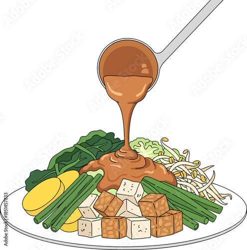 Spoon Pouring Gravy on Tofu and Vegetables.