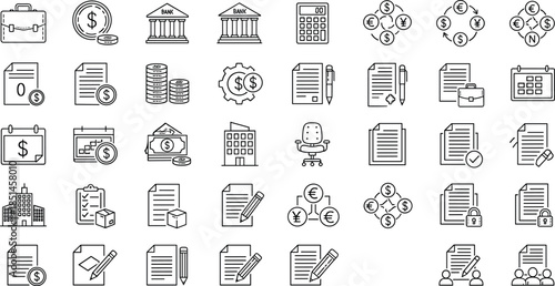 Finance business line icon set illustration, banking accounting money document currency symbols collection, outline financial management vector design