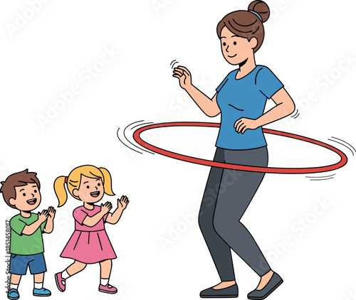 Woman Hula Hooping with Children Watching.