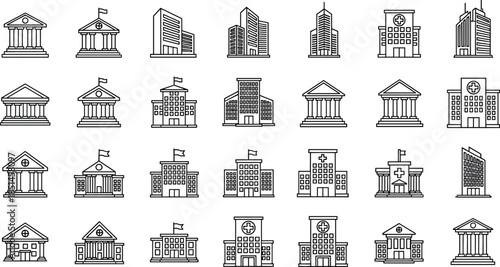 Government and city buildings icons set, courthouse, hospital, office architecture, urban landmarks, institutional structures, line art, outline, vector illustration