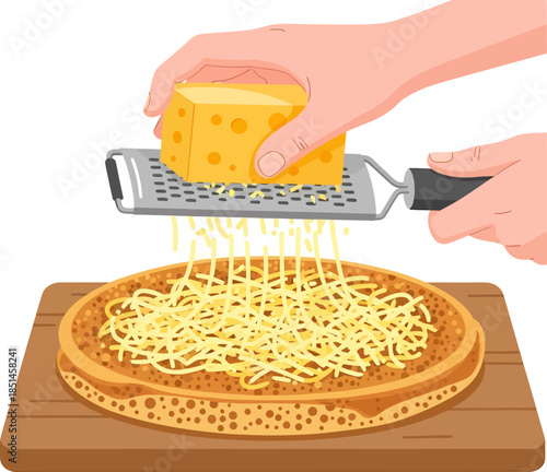 Grating Cheese onto Pizza on Wooden Board.