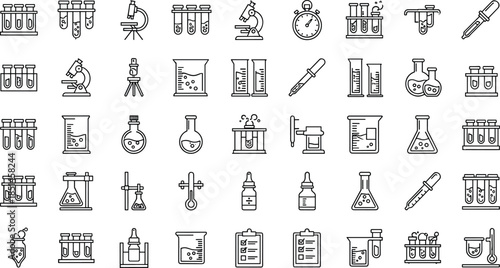 Laboratory science icons set, chemistry equipment, medical research tools, test tubes, microscope, beaker, flask, line art, outline, vector illustration