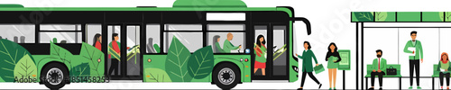 Green Bus with People at Station.