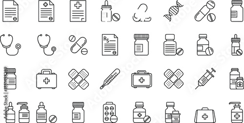 Medical and pharmacy line icon set illustration, medicine healthcare treatment symbols collection, outline pharmaceutical clinic vector design