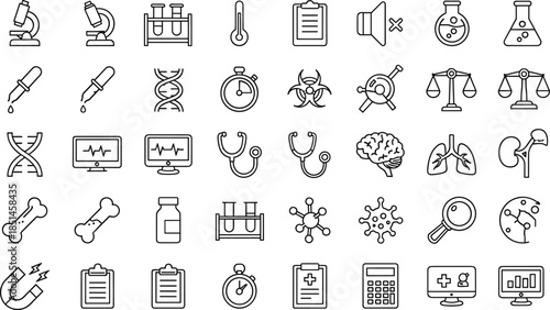 Medical science laboratory line icon set illustration, healthcare research biology chemistry symbols collection, outline clinical experiment vector design