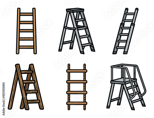 Set of ladders illustration. different styles and materials, tool for construction and repair work.