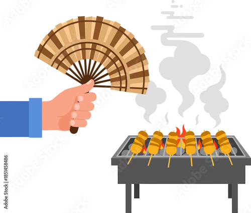 Hand Holding Fan Near Grilled Skewers.