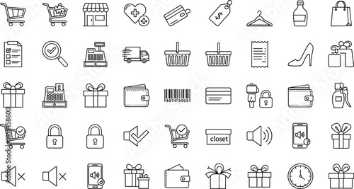 Shopping and ecommerce line icon set illustration, retail online store payment delivery symbols collection, outline commerce vector design
