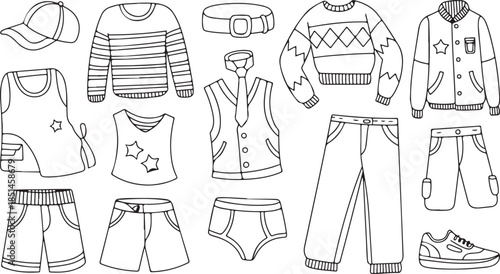 Outline drawings of children's and baby clothes with dotted lines