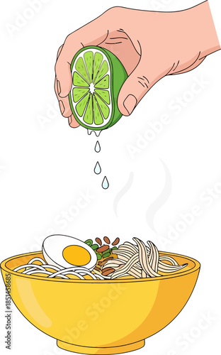 Hand Squeezing Lime Juice into Noodle Bowl.