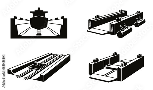 Set of vector icons representing dry dock systems, naval base components, and marine structures.