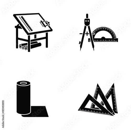 Silhouette illustration of architectural drafting equipment, including tools for design.