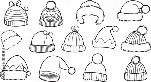 Outline drawings of various cozy winter hats and festive headwear