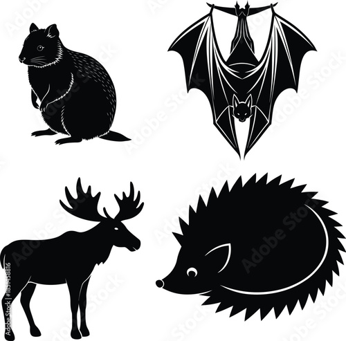 
Wild Animal Silhouettes Vector Wallaby, Bat, Moose, Hedgehog