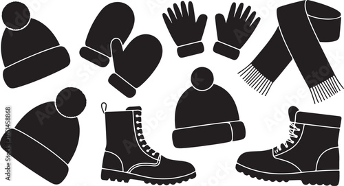 Collection of winter wear essentials including hats gloves and boots