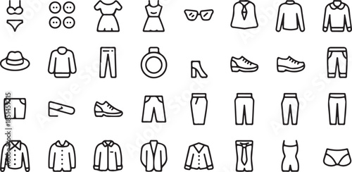 Collection of diverse clothing apparel footwear and fashion accessories outline icons