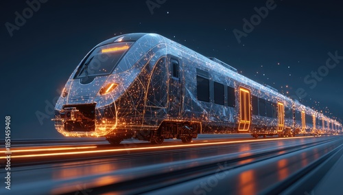 Futuristic glowing digital train concept on illuminated tracks