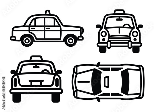 Taxi car icon vector illustration shown from the side, front, top, and back views.