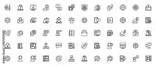 Tech support icon set. Vector illustration. Includes symbols for laptop, smartphone, chat, email, phone call, help desk, FAQ, server and more. Editable stroke.