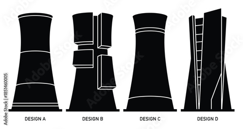 Various nuclear cooling tower silhouettes. Four distinct design options shown in black and white.
