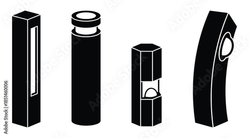 Vector art featuring abstract black modern bollard lighting fixtures shapes collection.