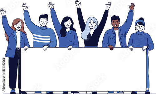 Happy group of diverse people celebrating a birthday party with cute pet cats kittens colorful balloons confetti and large gift boxes in flat vector style