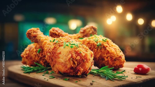 Crispy fried chicken on wooden board with herbs and tomato