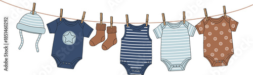 Hand drawn vector illustration of baby boy clothing hanging on a clothesline with wooden pins including bodysuits socks and a striped hat.