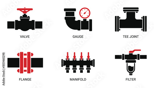Vector icons of piping system components: valve, gauge, tee joint, flange, manifold, filter, black and red.