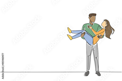 Single line drawing of man classic carrying a woman gently in his arms with smiles, both gazing at each other, symbolizing classic romance, protection, and deep affection. National Loving Day