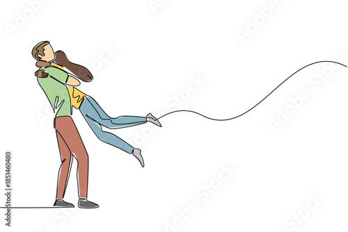 Continuous line drawing of a man lifting and embracing a woman in a joyous with spinning hug, loving gesture, symbolizing a passionate and strong relationship. National Loving Day, diverse couple.